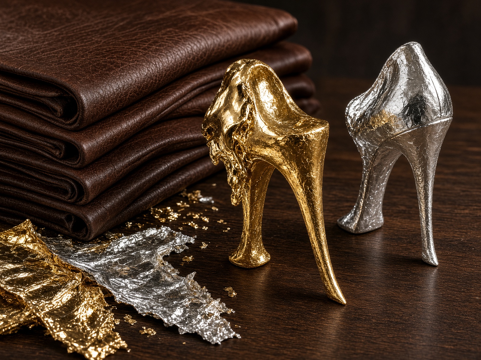 Tuscan leather with gold leaf and silver leaf, a stiletto heel being gilded