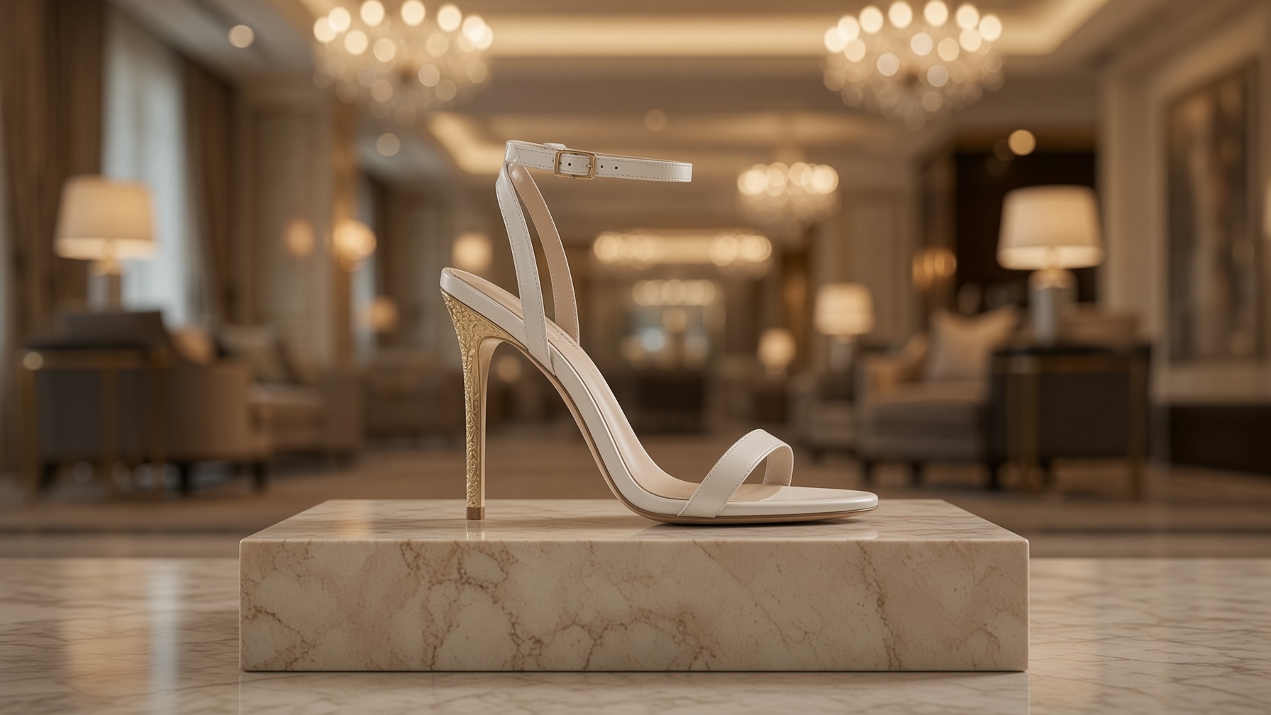 The Verve salon: an ivory open-toe sandal with a gilt heel on a travertine pedestal